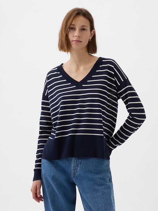 1 of 8 showing, with the color navy blue & white stripe of product 24/7 Split-Hem Linen-Blend Sweater