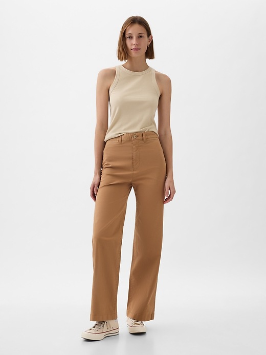 1 of 8 showing, with the color perfect khaki brown of product High Stride Wide-Leg Ankle Khakis