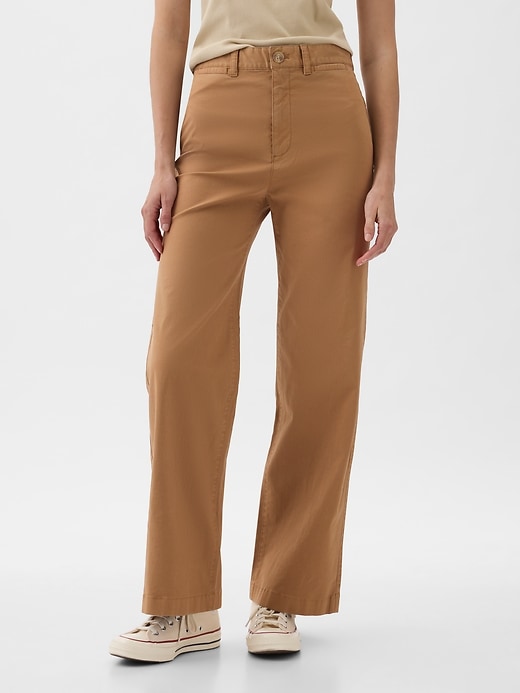 2 of 8 showing, with the color perfect khaki brown of product High Stride Wide-Leg Ankle Khakis
