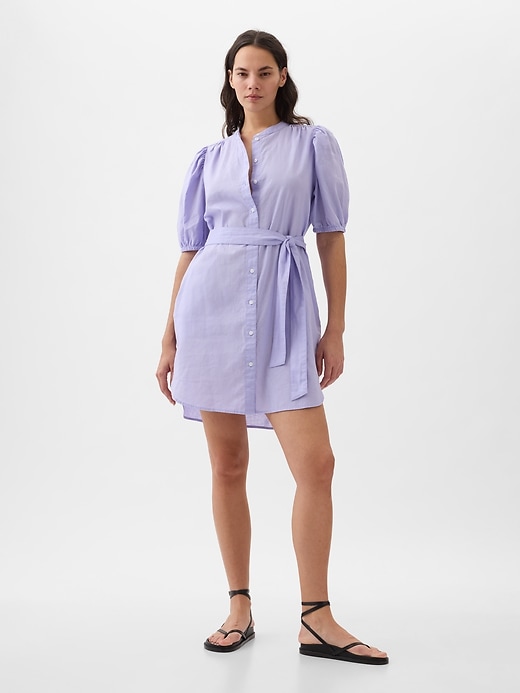 Image number 4 showing, Linen-Cotton Puff-Sleeve Mini Shirtdress