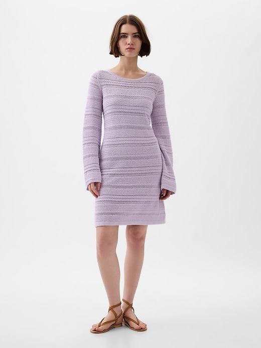 1 of 8 showing, with the color orchid petal purple of product Crochet Mini Dress