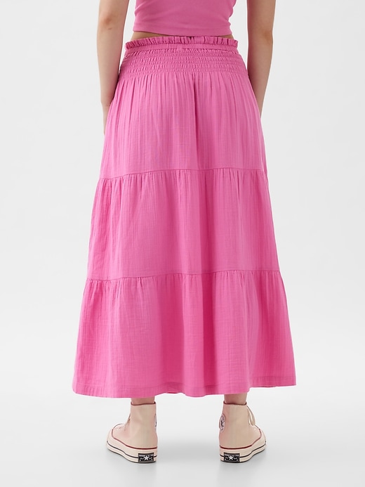 2 of 8 showing, with the color indie pink of product Crinkle Gauze Tiered Maxi Skirt