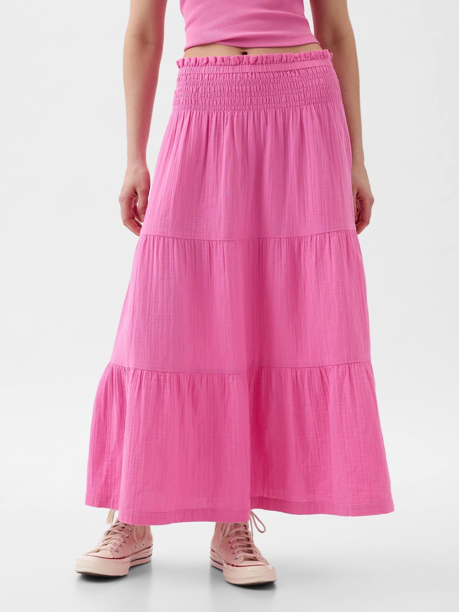 Shop Gap Crinkle Gauze Tiered Maxi Skirt In Indie Pink