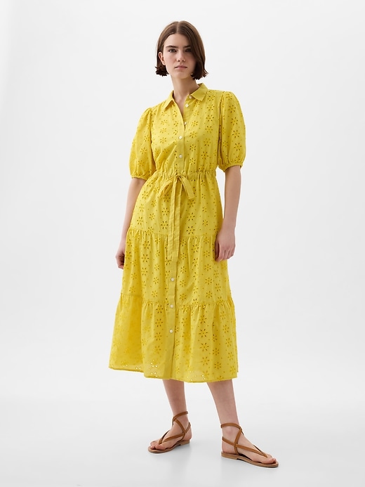 1 of 8 showing, with the color brilliant yellow of product Eyelet Tiered Midi Dress