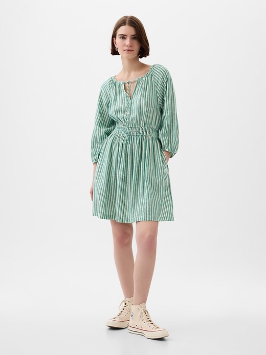 1 of 8 showing, with the color green stripe of product Linen-Blend Mini Dress