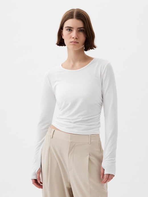 1 of 8 showing, with the color optic white of product GapFit Breathe Ruched Cropped T-Shirt