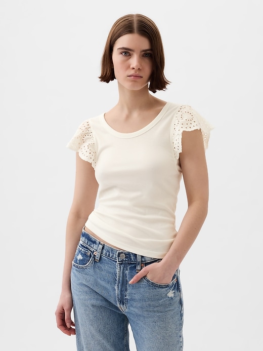 1 of 8 showing, with the color new off white of product Eyelet Sleeve Rib T-Shirt