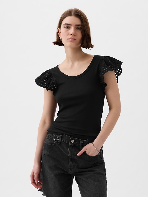 1 of 8 showing, with the color black of product Eyelet Sleeve Rib T-Shirt