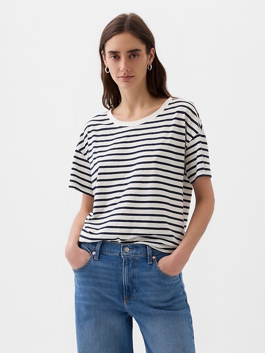 1 of 8 showing, with the color white & navy blue stripe of product Oversized Boyfriend T-Shirt