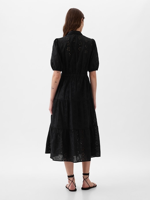 2 of 8 showing, with the color black of product Eyelet Tiered Midi Dress