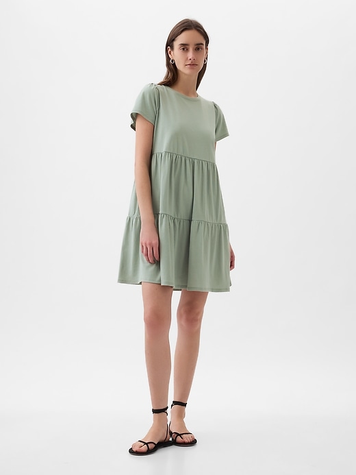 1 of 8 showing, with the color sage green of product Tiered Mini Dress