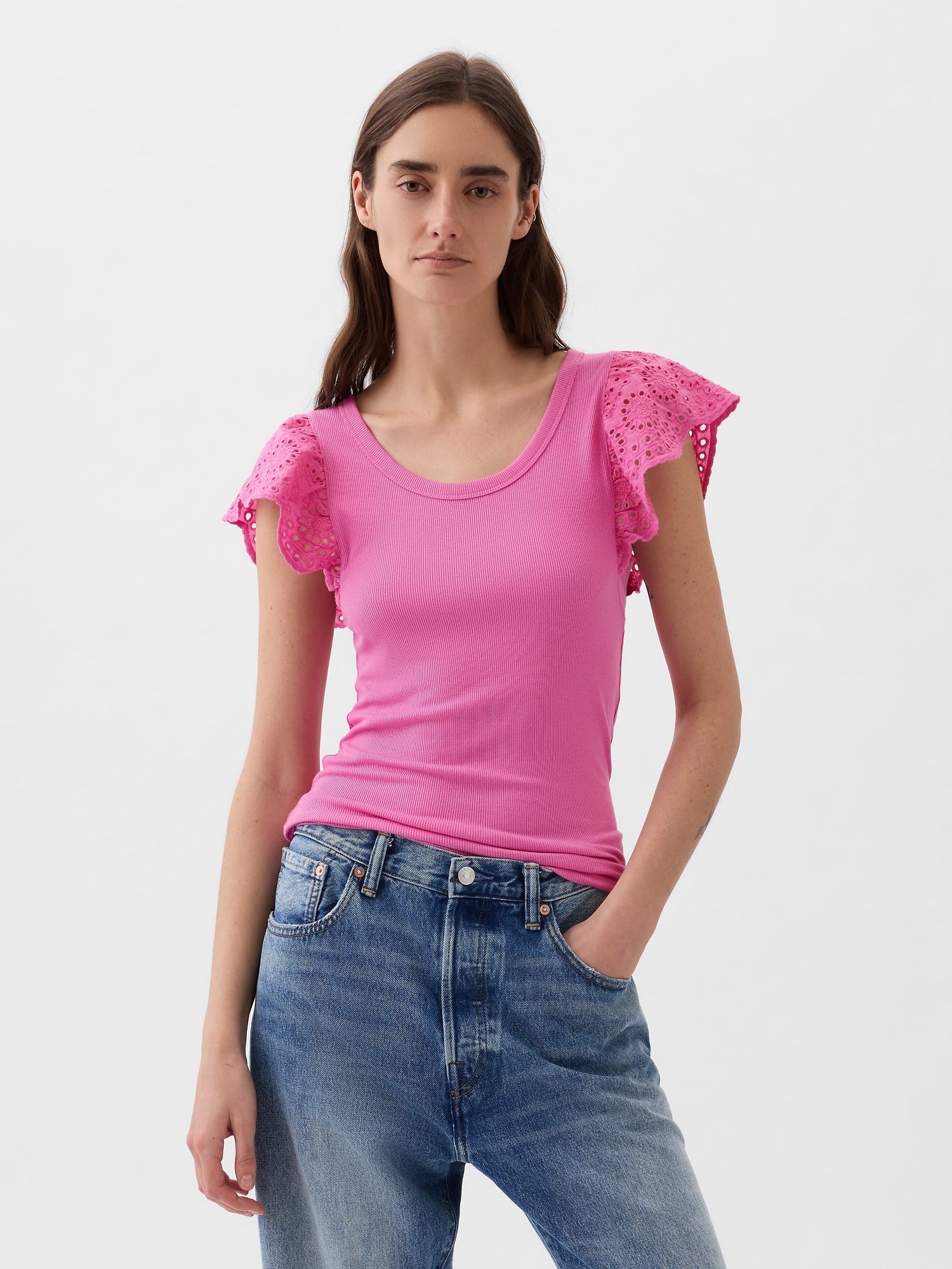 Eyelet Sleeve Rib T-Shirt