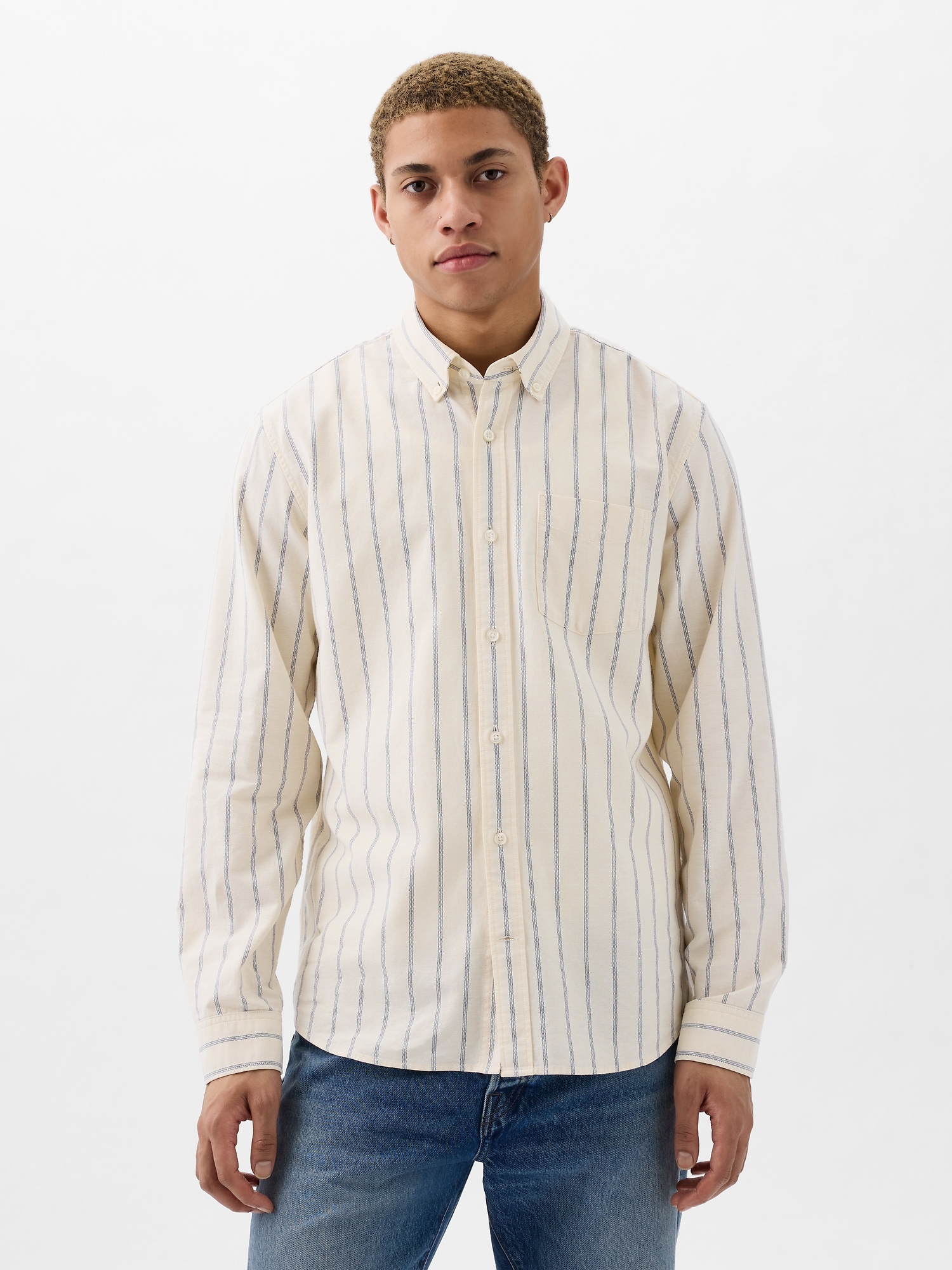 Gap Classic Oxford Shirt In Standard Fit In Beige Stripe