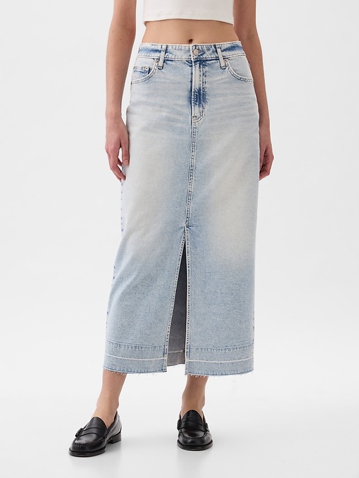 1 of 8 showing, with the color light wash indigo of product Denim Midi Skirt