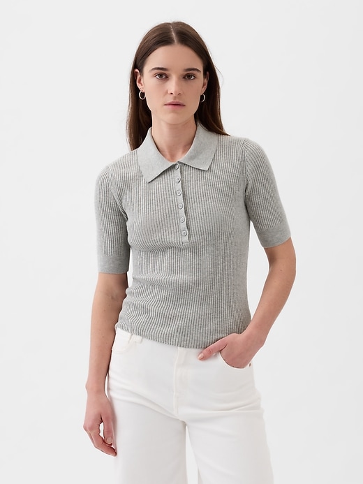 1 of 8 showing, with the color heather grey of product Lightweight CashSoft Polo Sweater