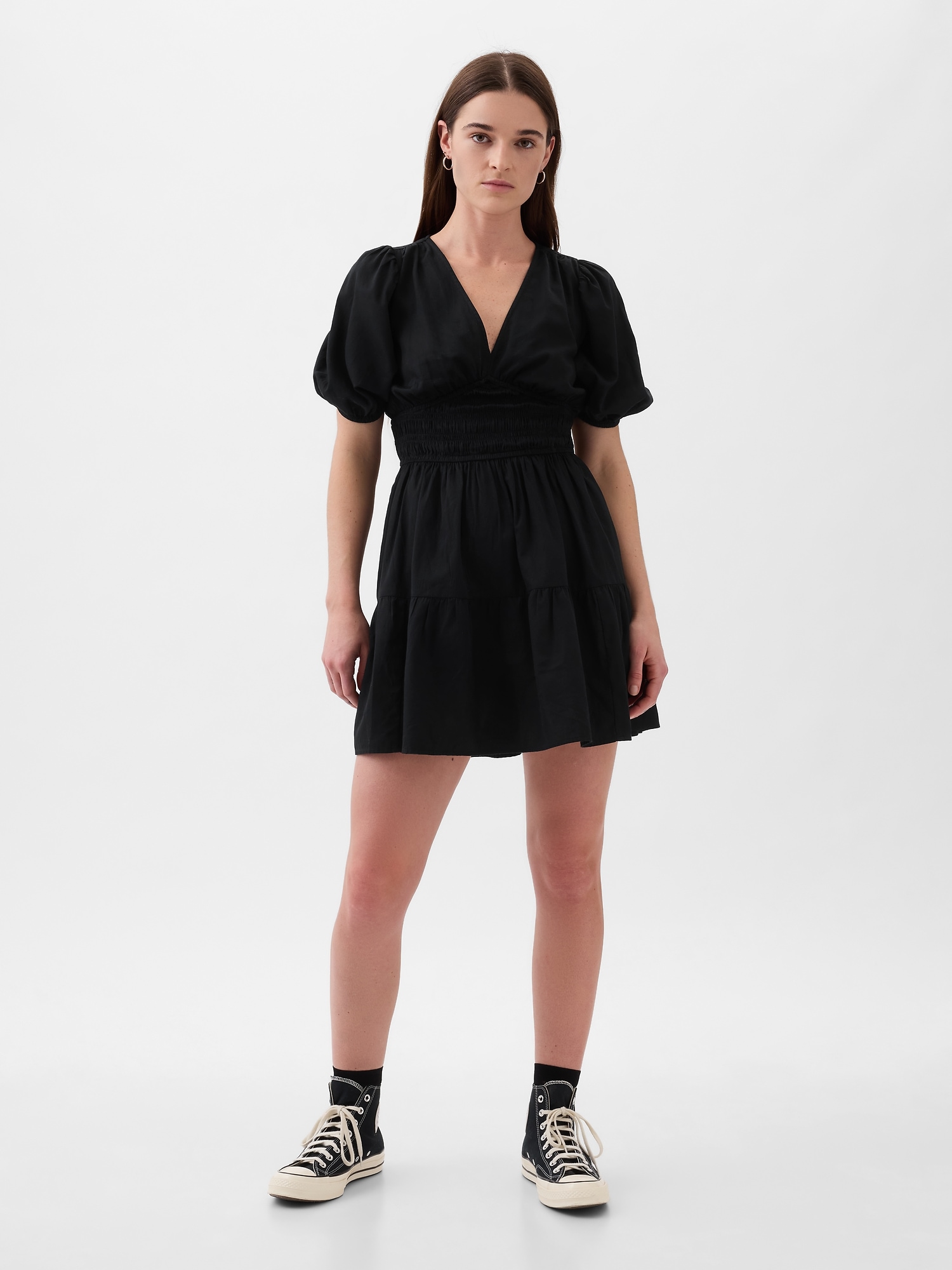 Shop Gap Puff Sleeve Smocked Mini Dress In Black