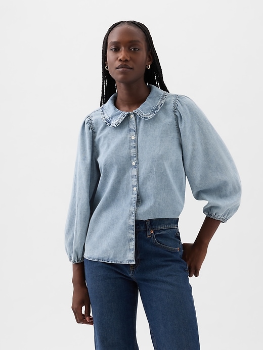 1 of 8 showing, with the color light indigo of product Round Collar Denim Shirt