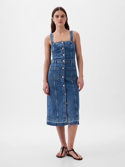 1 of 8 showing, with the color medium indigo of product Apron Denim Midi Dress