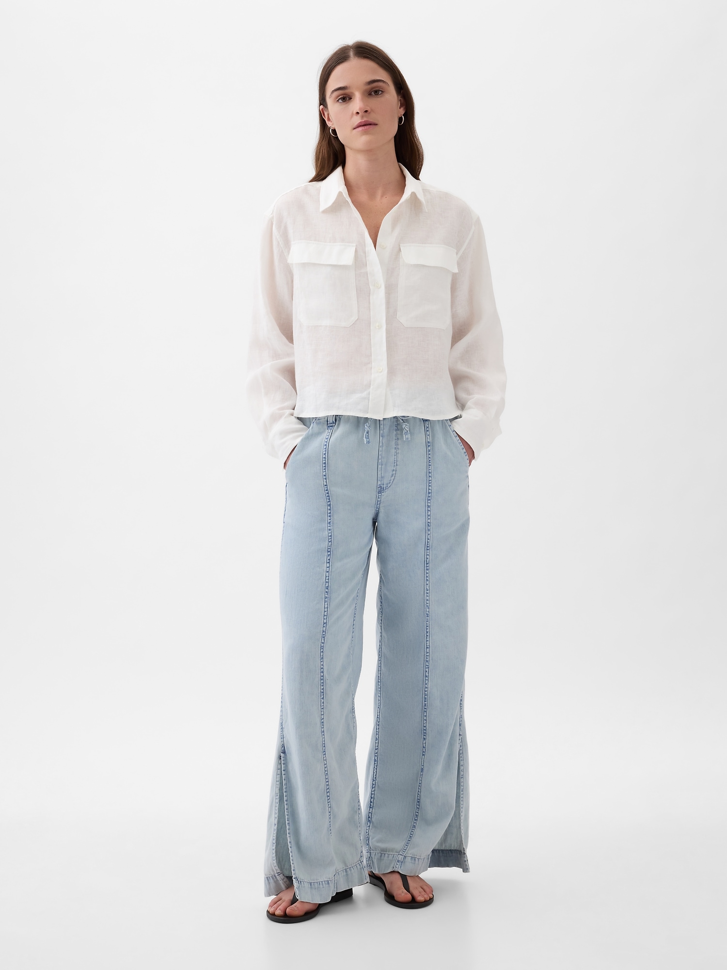 Wide-Leg Denim Pull-On Pants