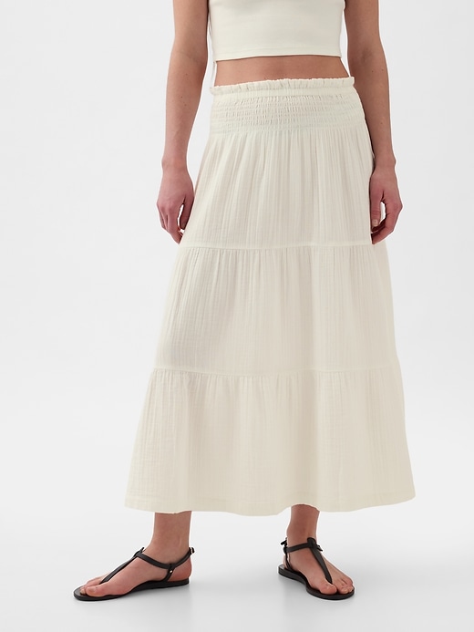 1 of 8 showing, with the color new off white of product Crinkle Gauze Tiered Maxi Skirt