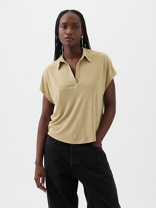 1 of 8 showing, with the color iconic khaki tan of product Linen-Blend Polo Shirt