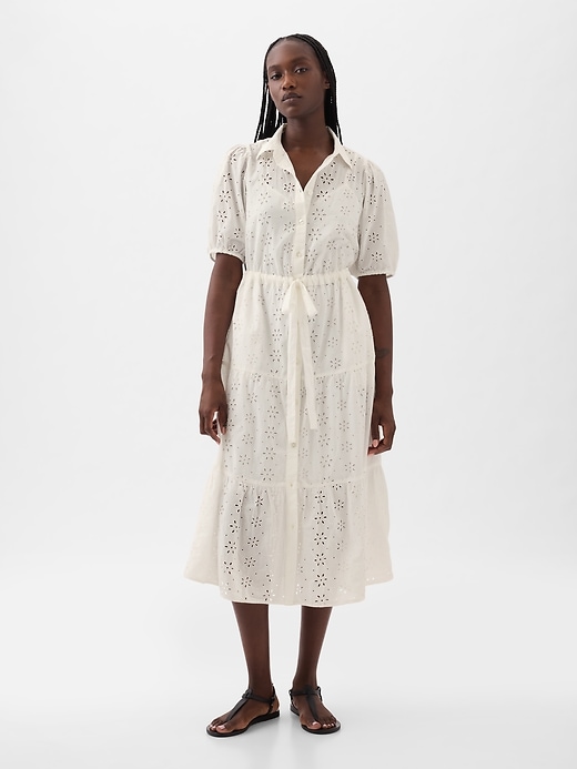 1 of 8 showing, with the color new off white of product Eyelet Tiered Midi Dress