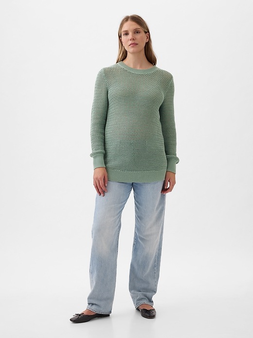 1 of 8 showing, with the color sage green of product Maternity Crochet Sweater