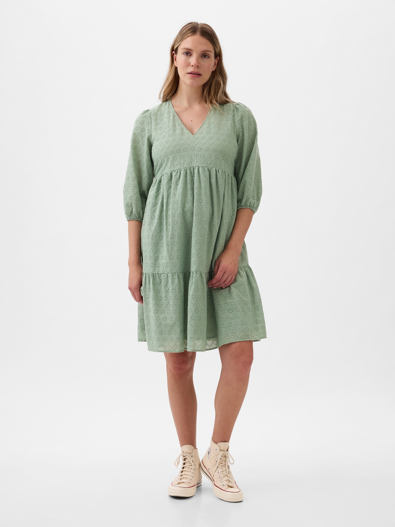 Shop Gap Maternity Eyelet Tiered Mini Dress In Sage Green