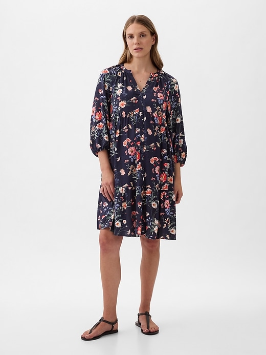 1 of 8 showing, with the color navy blue floral of product Maternity Tiered Mini Dress