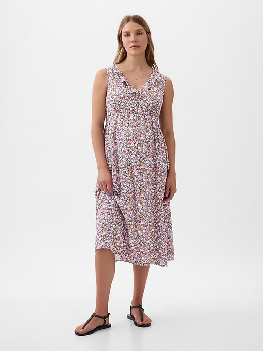 1 of 8 showing, with the color pink ditsy floral of product Maternity Ruffle Midi Dress