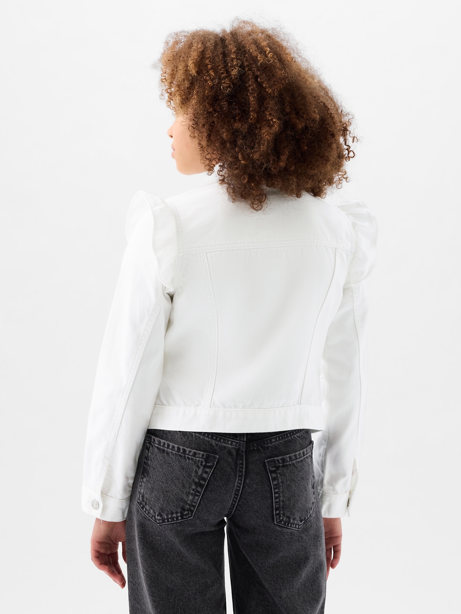 White ruffle denim jacket hotsell