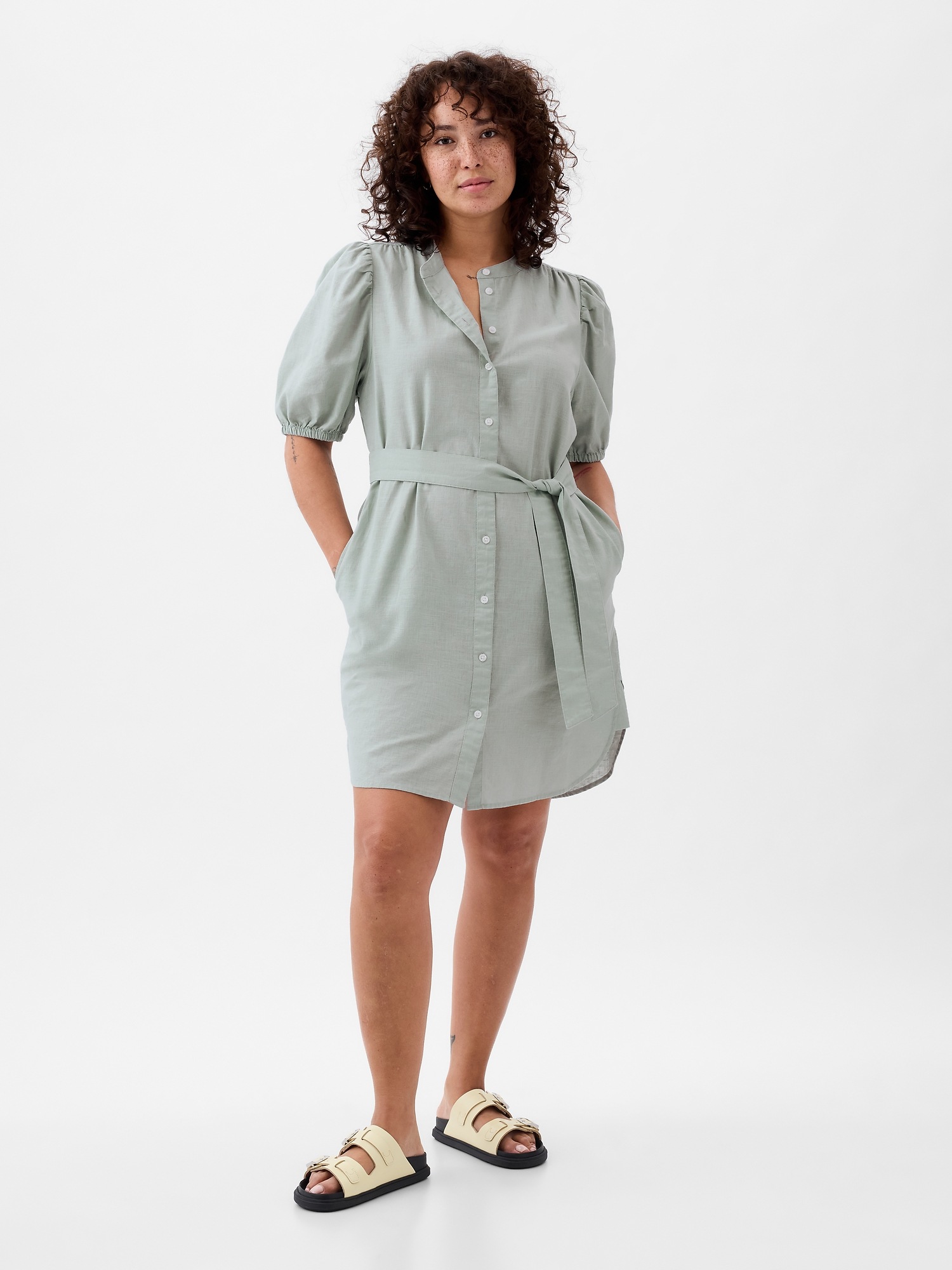 LinenCotton Puff Sleeve Mini Shirtdress Gap