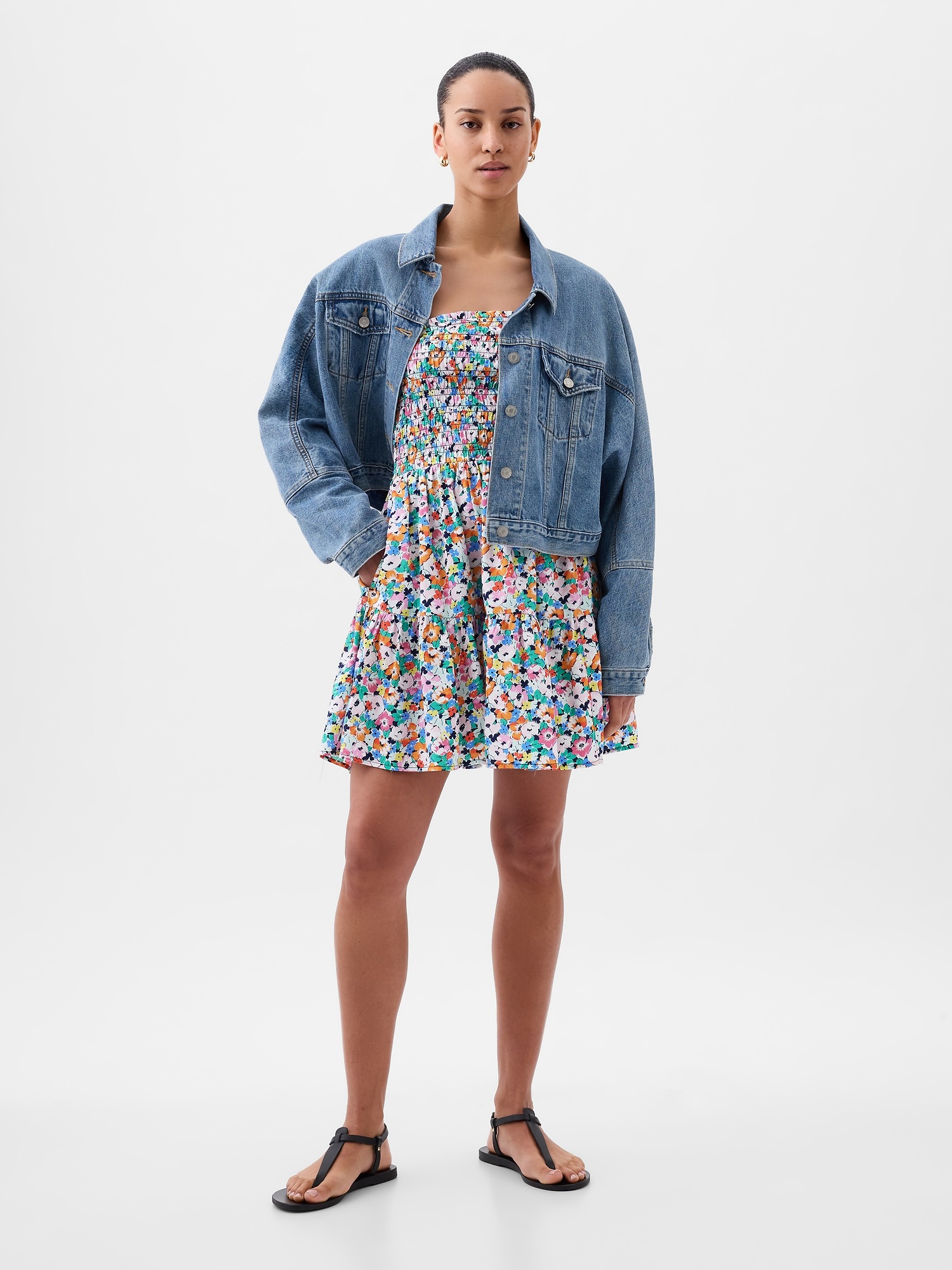 Capri Blue Eyelet Embroidered Layered Ruffle Strapless Smocked Mini Dress