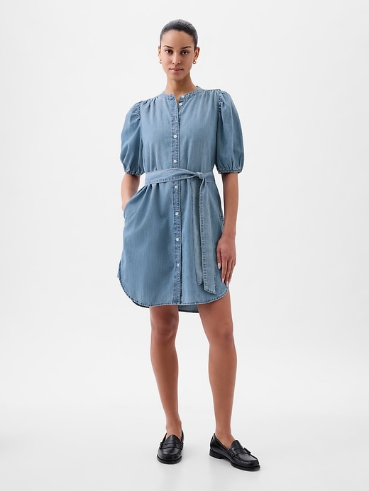 Image number 1 showing, Puff-Sleeve Denim Mini Dress