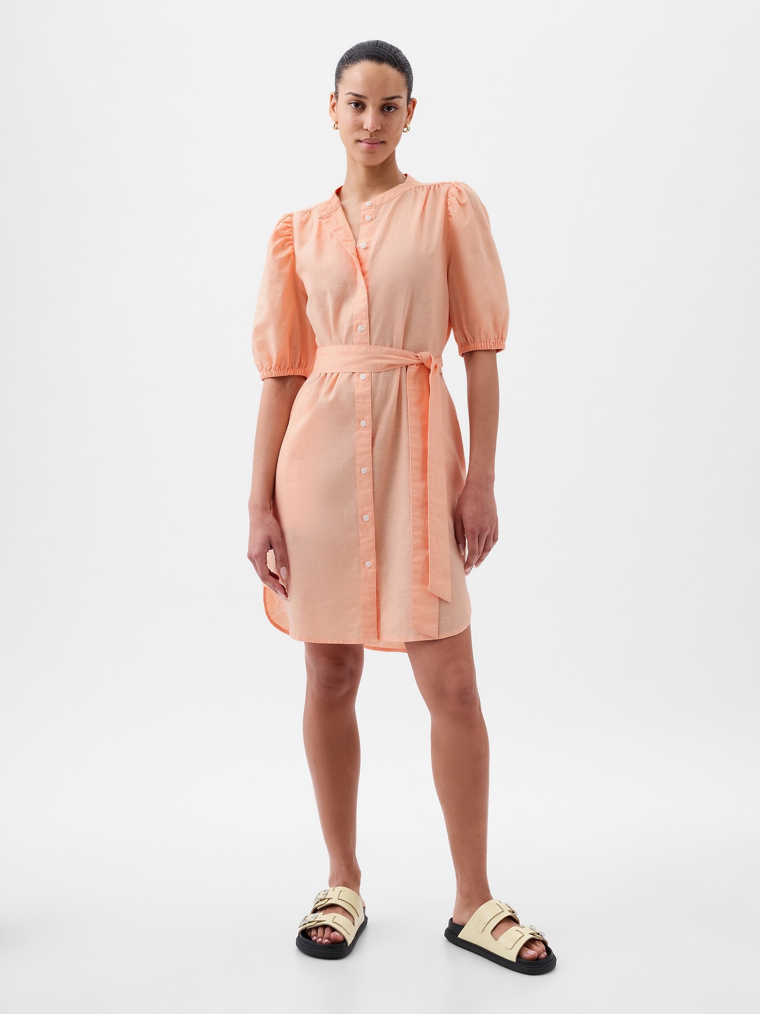 Shop Gap Linen-cotton Puff Sleeve Mini Shirtdress In Peach Parfait Orange