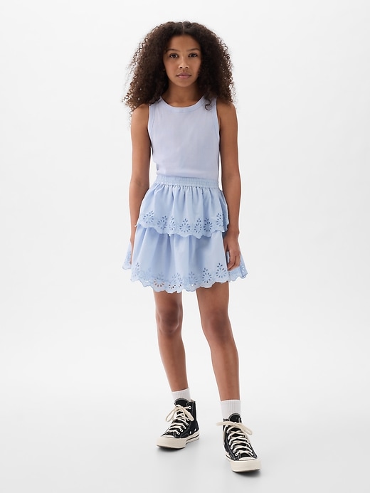 1 of 8 showing, with the color bicoastal blue of product Kids Eyelet Tiered Dress