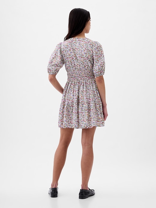 2 of 8 showing, with the color PINK DITSY FLORAL of product Puff-Sleeve Smocked Mini Dress