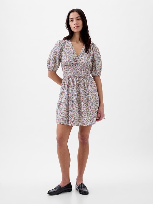 1 of 8 showing, with the color PINK DITSY FLORAL of product Puff-Sleeve Smocked Mini Dress