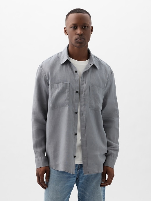 1 of 8 showing, with the color crystal blue dusk of product Linen Two-Pocket Shirt