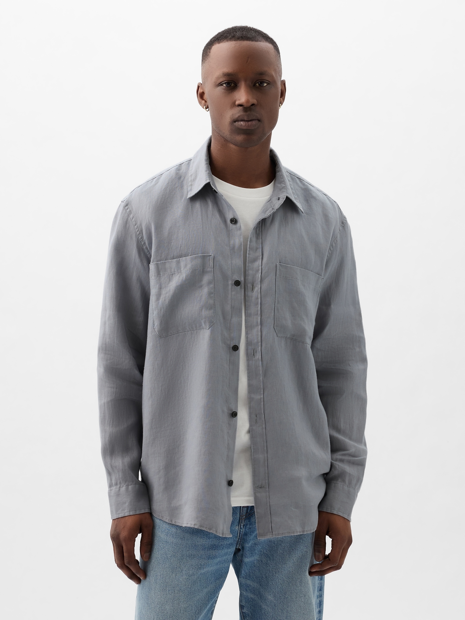 Shop Gap Linen Two-pocket Shirt In Crystal Blue Dusk