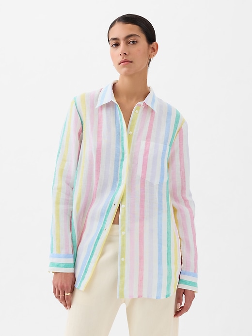 1 of 8 showing, with the color multi color stripe of product 100% Linen Boyfriend Shirt