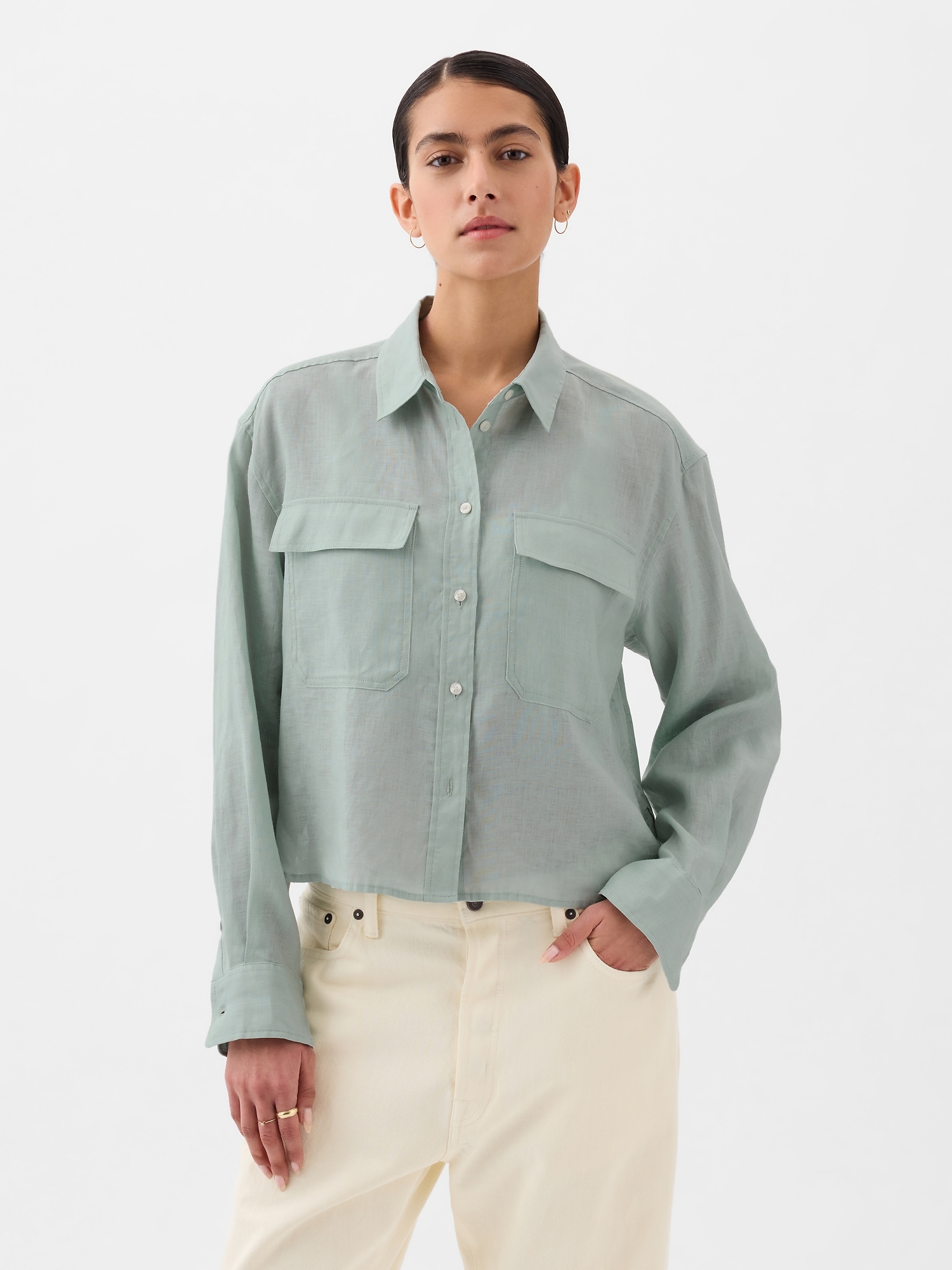 Gap Linen Cropped Shirt In Frothy Aqua Green ModeSens