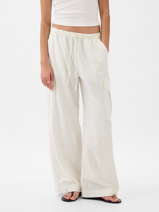 2 of 8 showing, with the color new off white of product Mid Rise Linen-Cotton Pull-On Cargo Pants