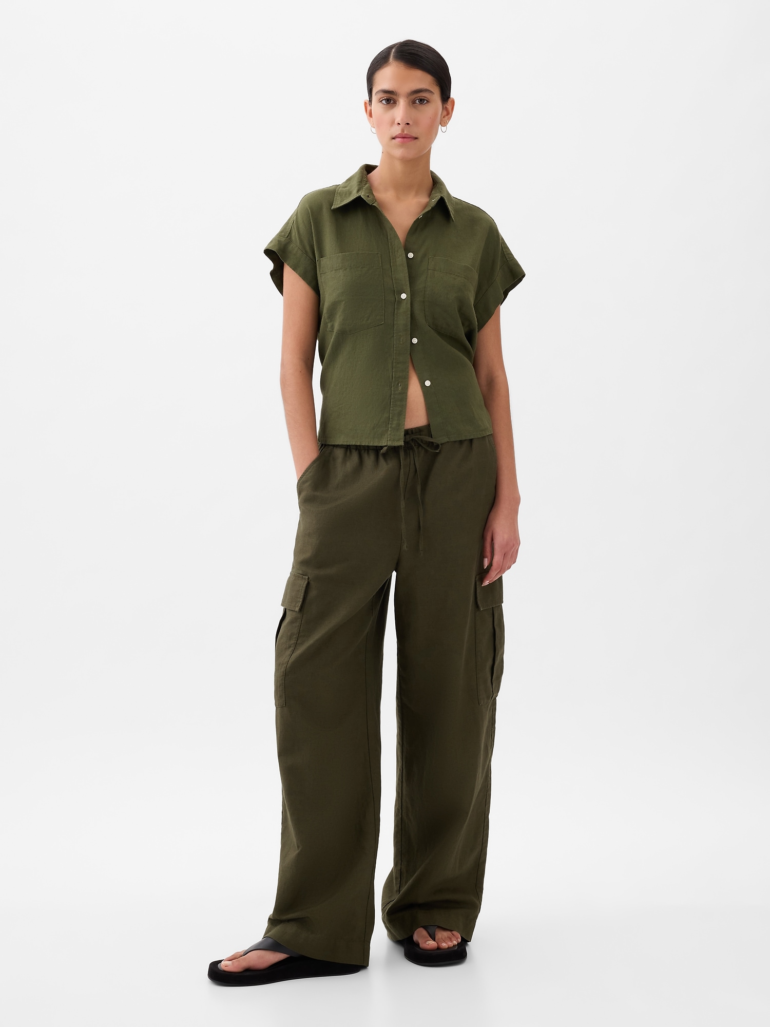 Gap Linen-cotton Pull-on Cargo Pants In Olive Night