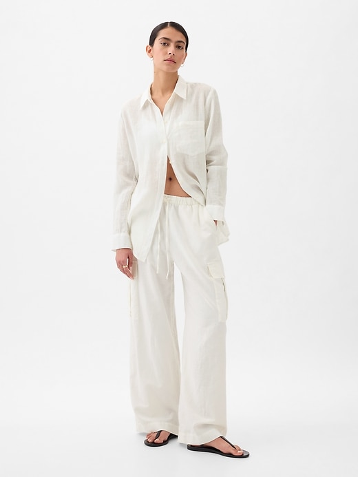 Image number 1 showing, Mid Rise Linen-Cotton Pull-On Cargo Pants