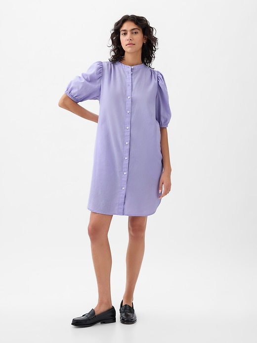 Image number 3 showing, Linen-Cotton Puff-Sleeve Mini Shirtdress