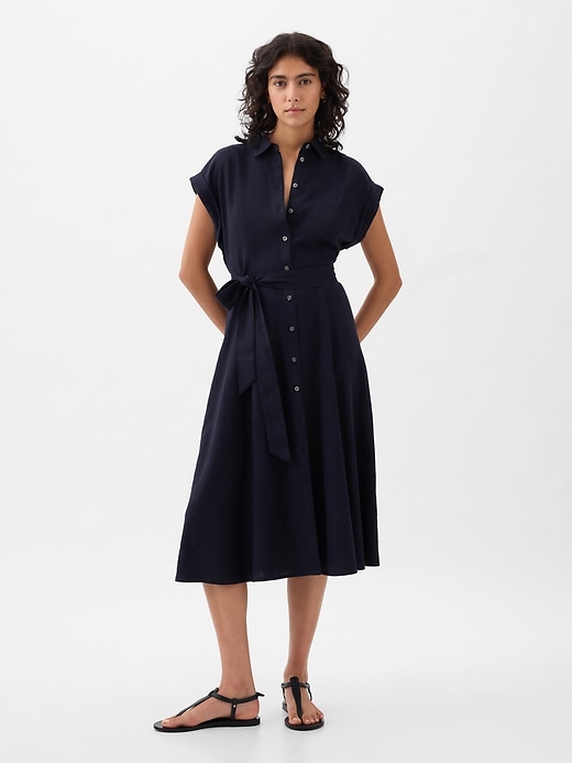 1 of 8 showing, with the color navy blue of product Linen-Blend Midi Shirtdress