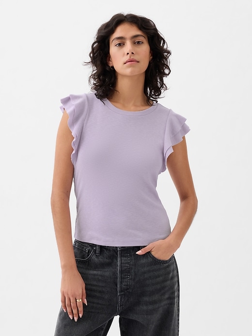 1 of 8 showing, with the color orchid petal purple of product Essential Rib Flutter-Sleeve Shirt
