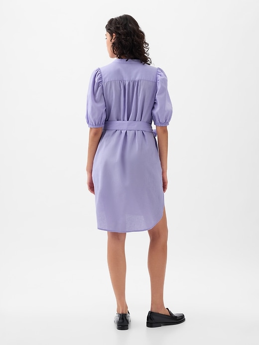 Image number 2 showing, Linen-Cotton Puff-Sleeve Mini Shirtdress