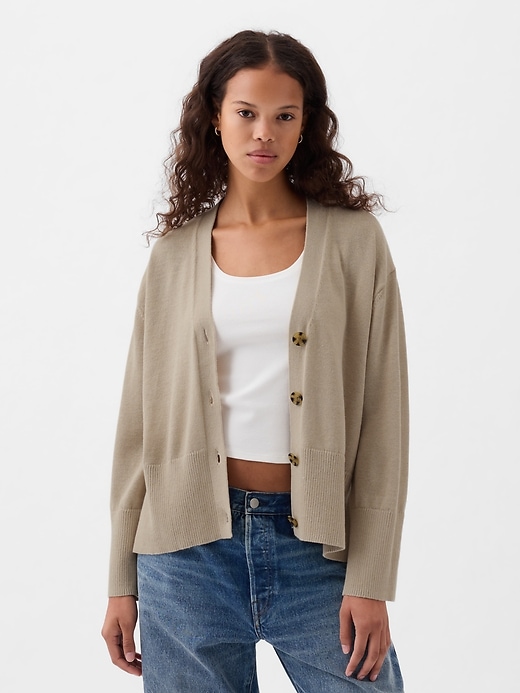 1 of 8 showing, with the color bedrock beige of product 24/7 Split-Hem Linen-Blend Oversized Cardigan